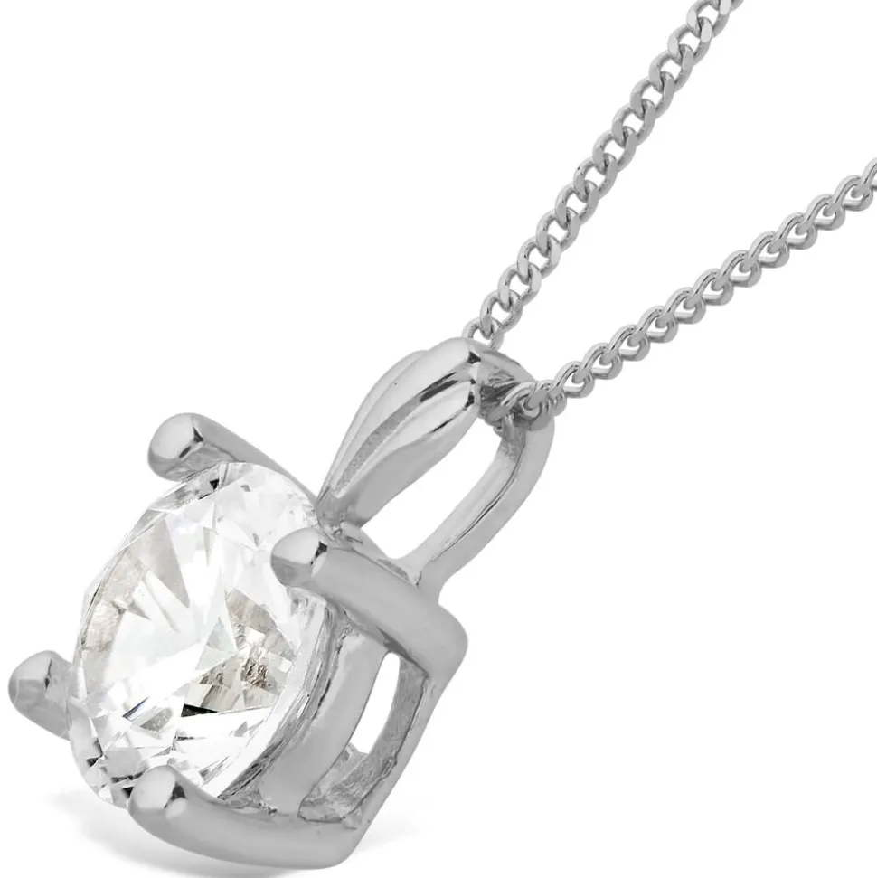 9ct White Gold 7mm Four Claw Cubic Zirconia Set Pendant (Chain Included)