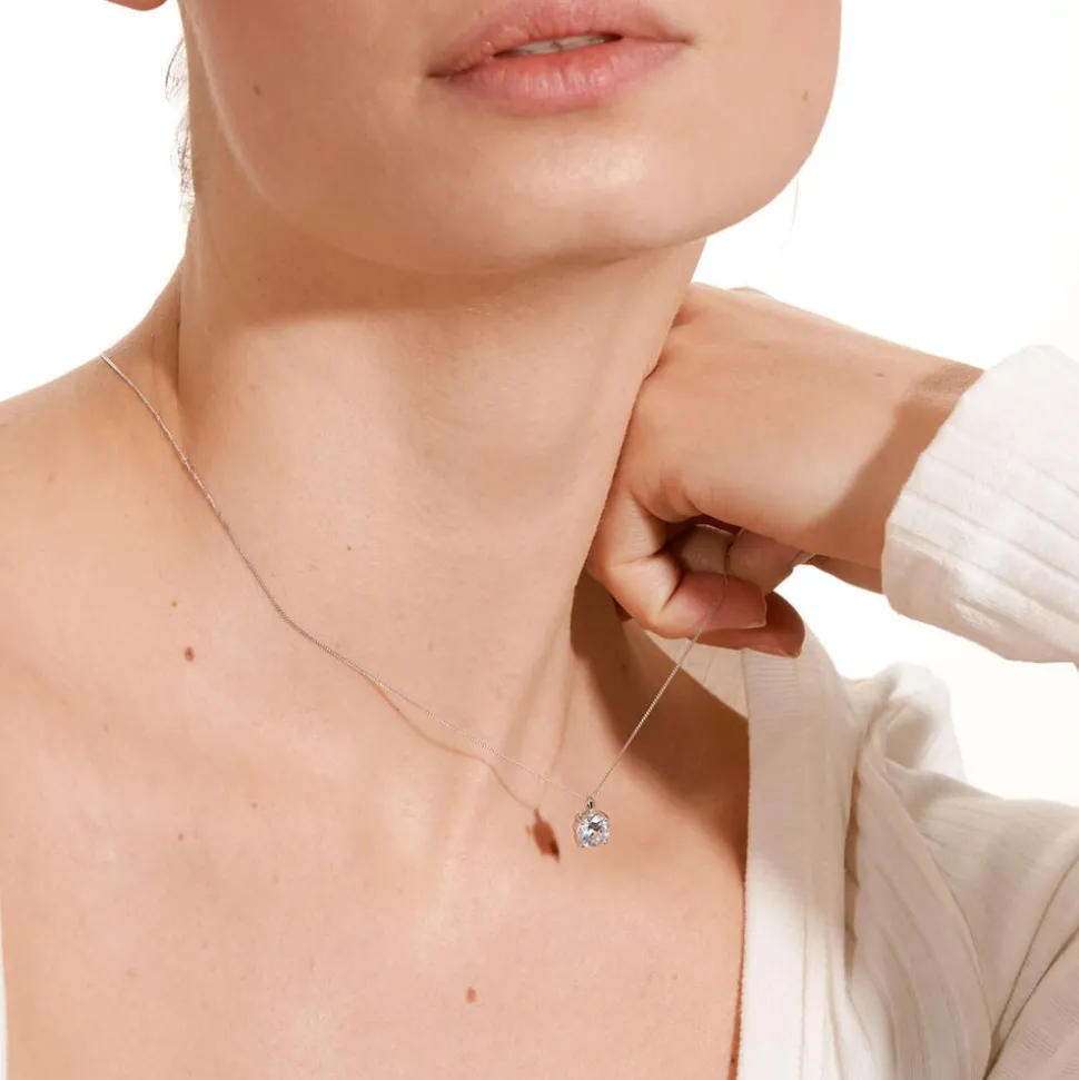 9ct White Gold 7mm Four Claw Cubic Zirconia Set Pendant (Chain Included)