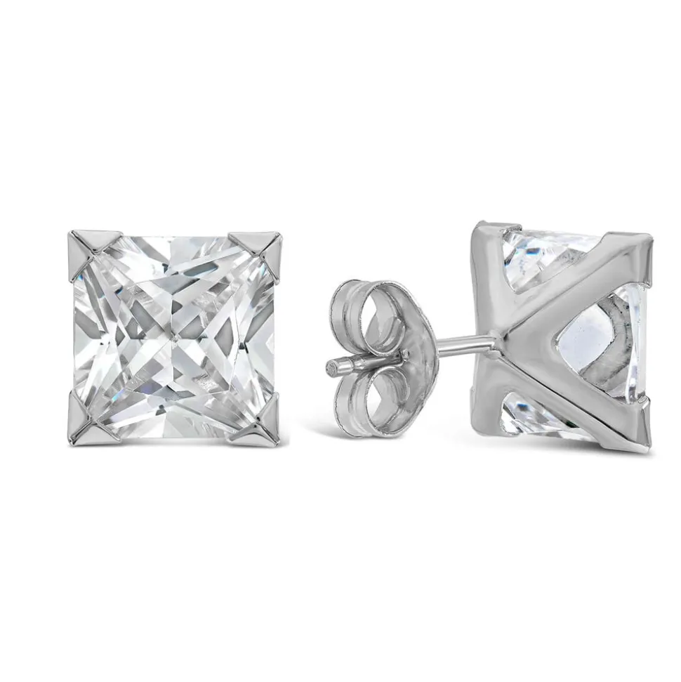 9ct White Gold 8MM Princess Cut Cubic Zirconia Stud Earrings