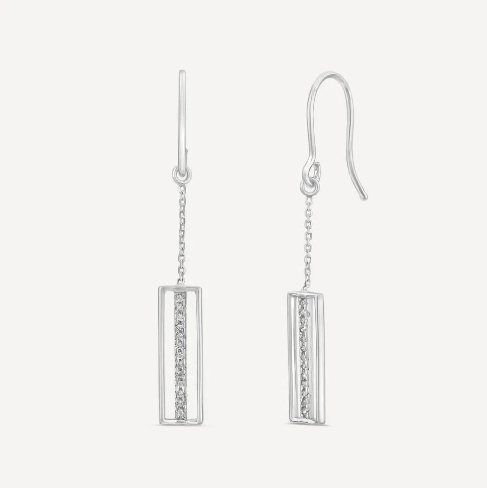 9ct White Gold Open Rectangle Cubic Zirconia Centre Bar Drop Earrings