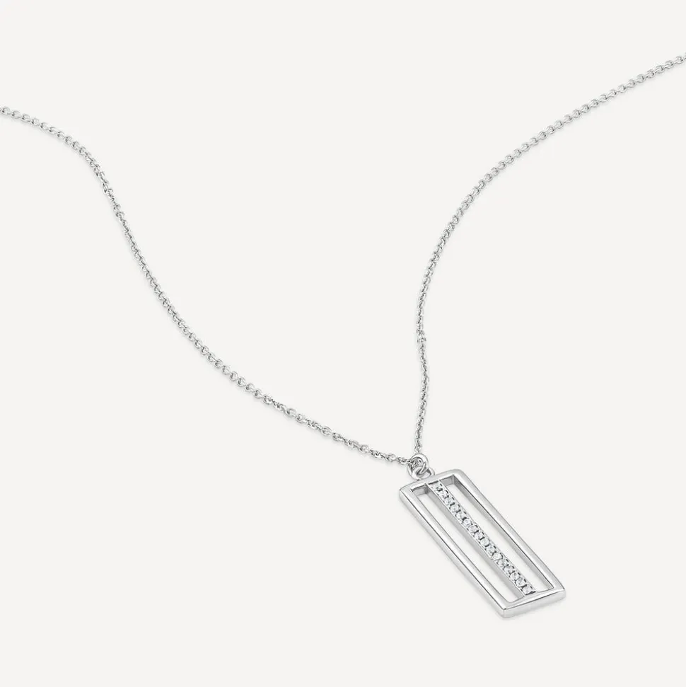 9ct White Gold Open Rectangle Bar Cubic Zirconia Centre Pendant