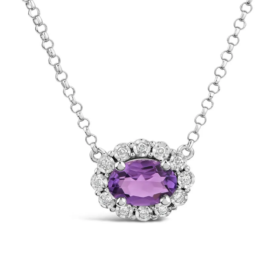 9ct White Gold Oval Amethyst 0.05ct Diamond Cluster Necklet