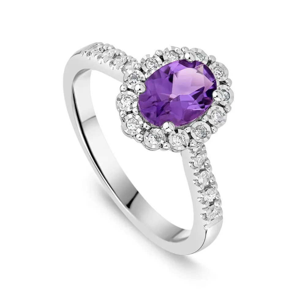 9ct White Gold Oval Amethyst 0.013ct Cluster Diamond Shoulders Ring