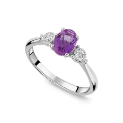 9ct White Gold Oval Amethyst 0.12ct Diamond Sides Ring