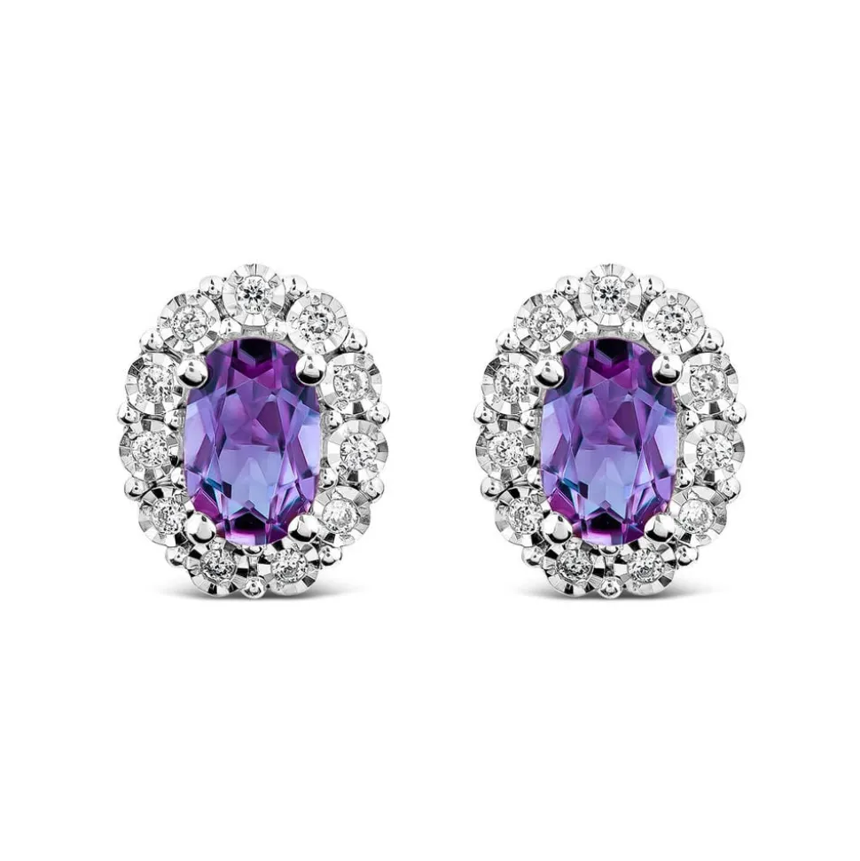9ct White Gold Oval Amethyst 0.05ct Diamond Cluster Stud Earrings