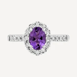 9ct White Gold Oval Amethyst 0.013ct Cluster Diamond Shoulders Ring