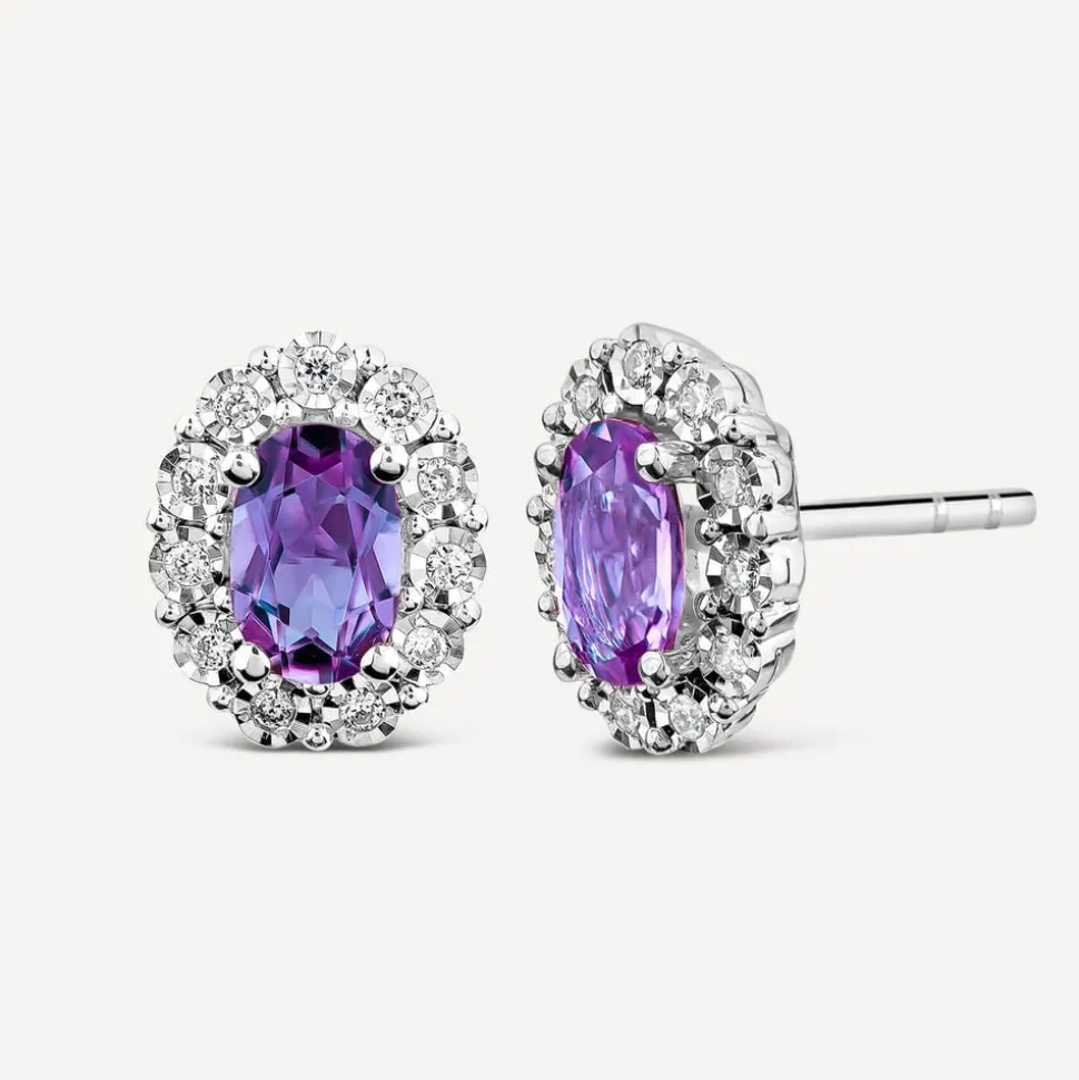 9ct White Gold Oval Amethyst 0.05ct Diamond Cluster Stud Earrings