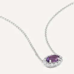 9ct White Gold Oval Amethyst 0.05ct Diamond Cluster Necklet