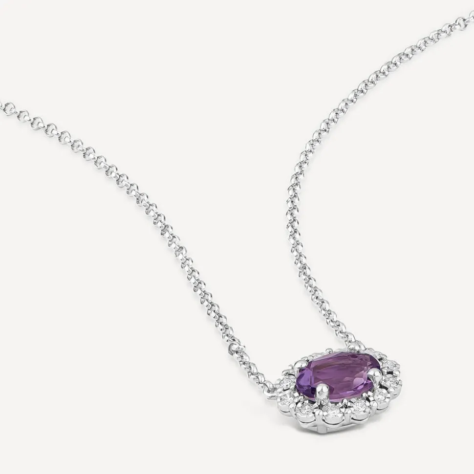9ct White Gold Oval Amethyst 0.05ct Diamond Cluster Necklet