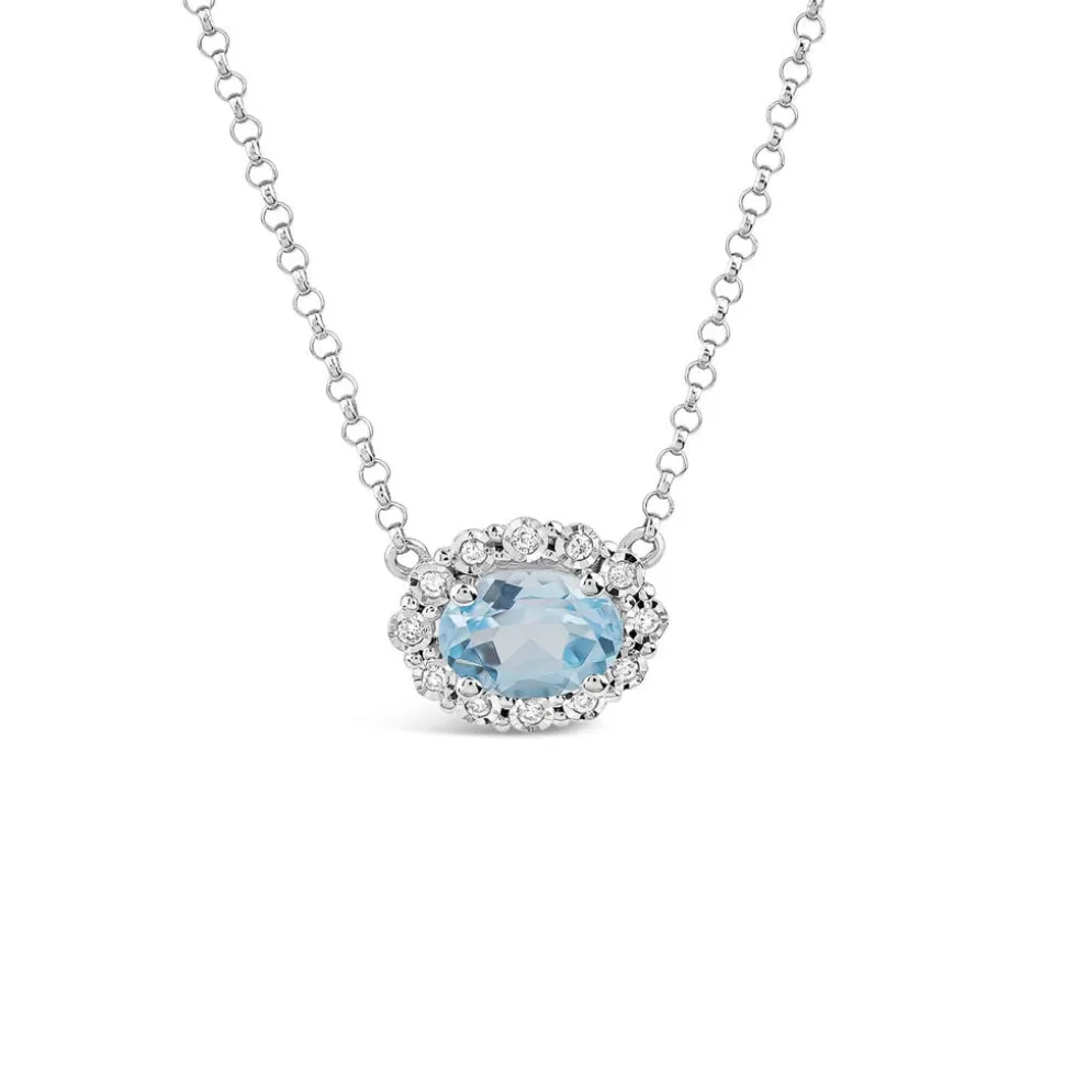 9ct White Gold Oval Blue Topaz 0.05ct Diamond Halo Necklet