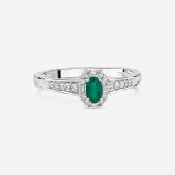 9ct White Gold Oval Emerald Centre 0.15ct Diamond Round & Baguette Halo & Shoulders Ring