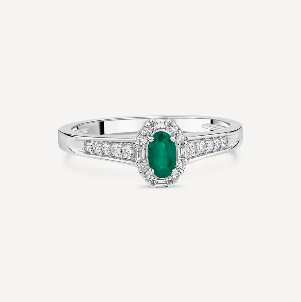 9ct White Gold Oval Emerald Centre 0.15ct Diamond Round & Baguette Halo & Shoulders Ring