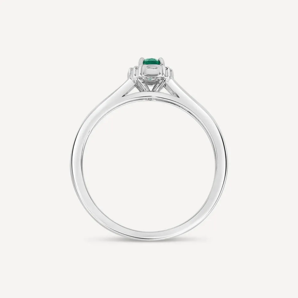 9ct White Gold Oval Emerald Centre 0.15ct Diamond Round & Baguette Halo & Shoulders Ring