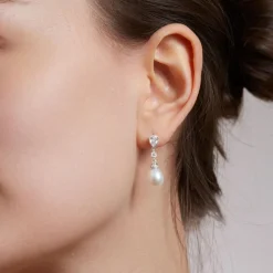 9ct White Gold Oval Freshwater Pearl and Cubic Zirconia Round and Pear Top Drop Earrings