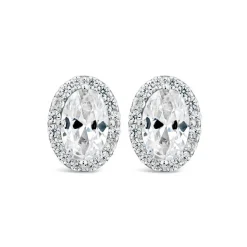9ct White Gold Oval Halo Cubic Zirconia Stud Earrings