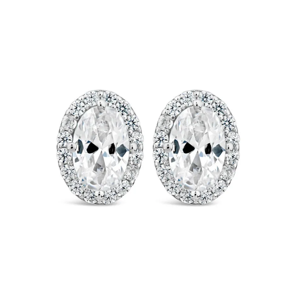 9ct White Gold Oval Halo Cubic Zirconia Stud Earrings