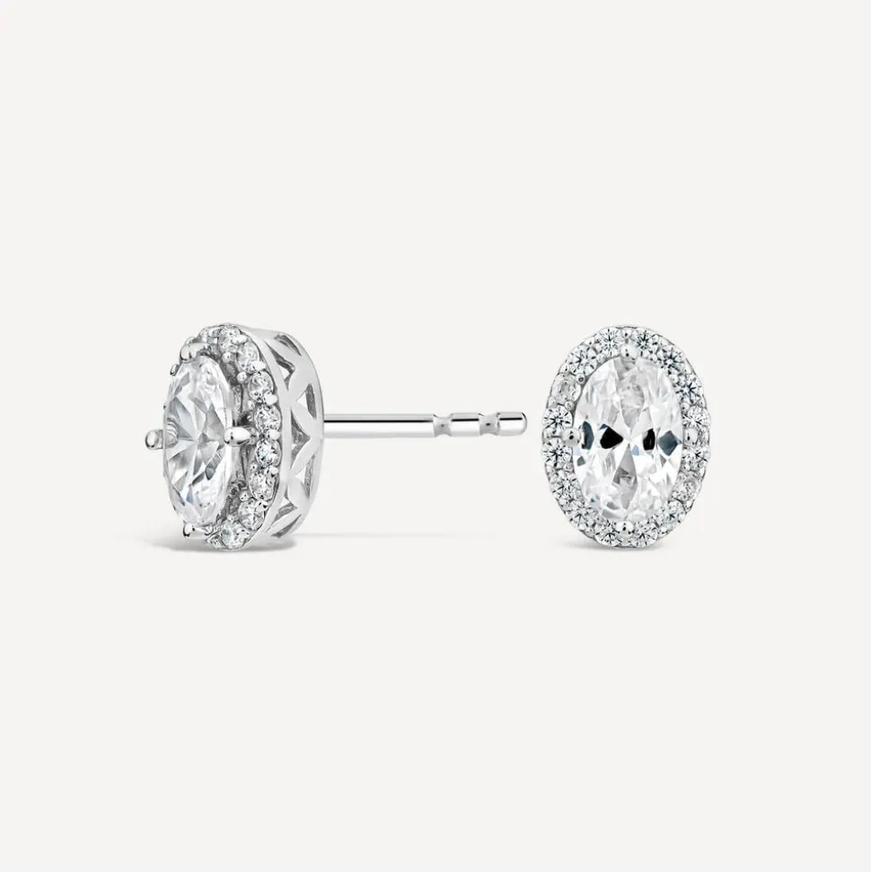 9ct White Gold Oval Halo Cubic Zirconia Stud Earrings