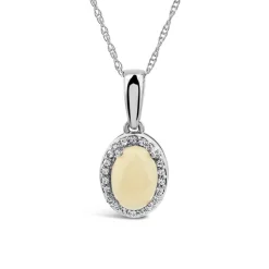 9ct White Gold Oval Opal & 0.06ct Diamond Halo Pendant