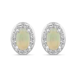 9ct White Gold Oval Opal & 0.10ct Diamond Halo Stud Earrings
