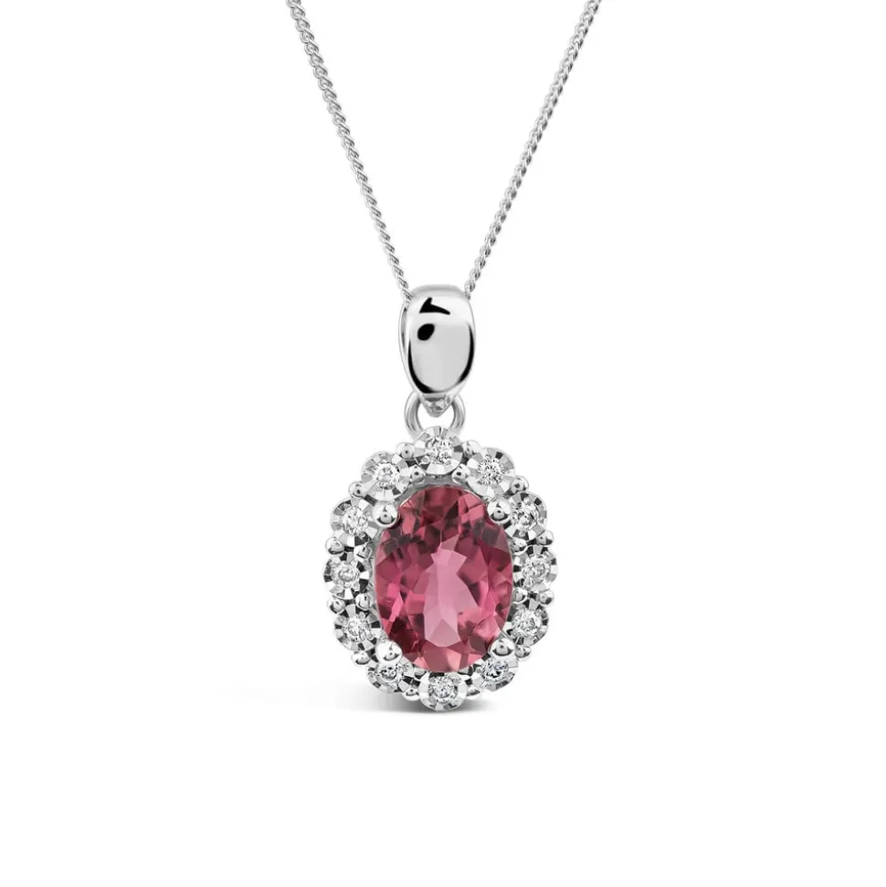 9ct White Gold Oval Pink Tourmaline Centre 0.05ct Diamond Cluster Pendant