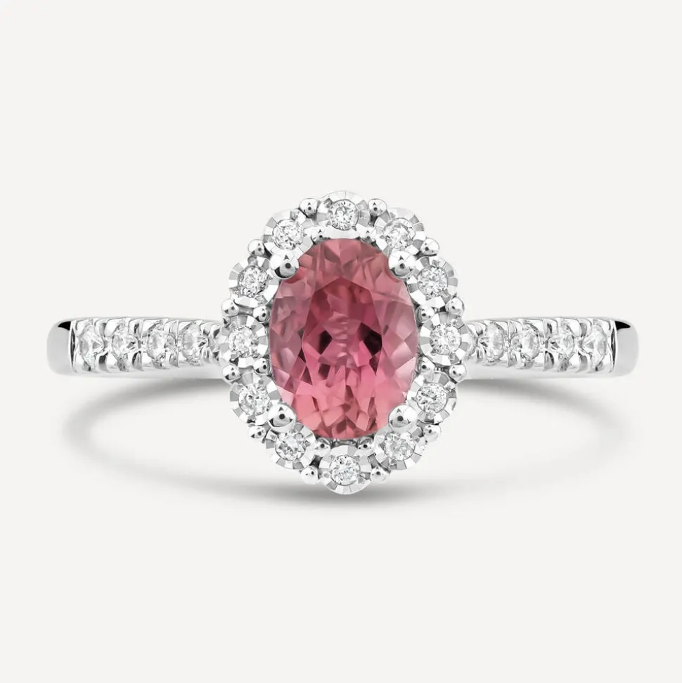 9ct White Gold Oval Pink Tourmaline Centre 0.13ct Diamond Cluster & Shoulders Ring