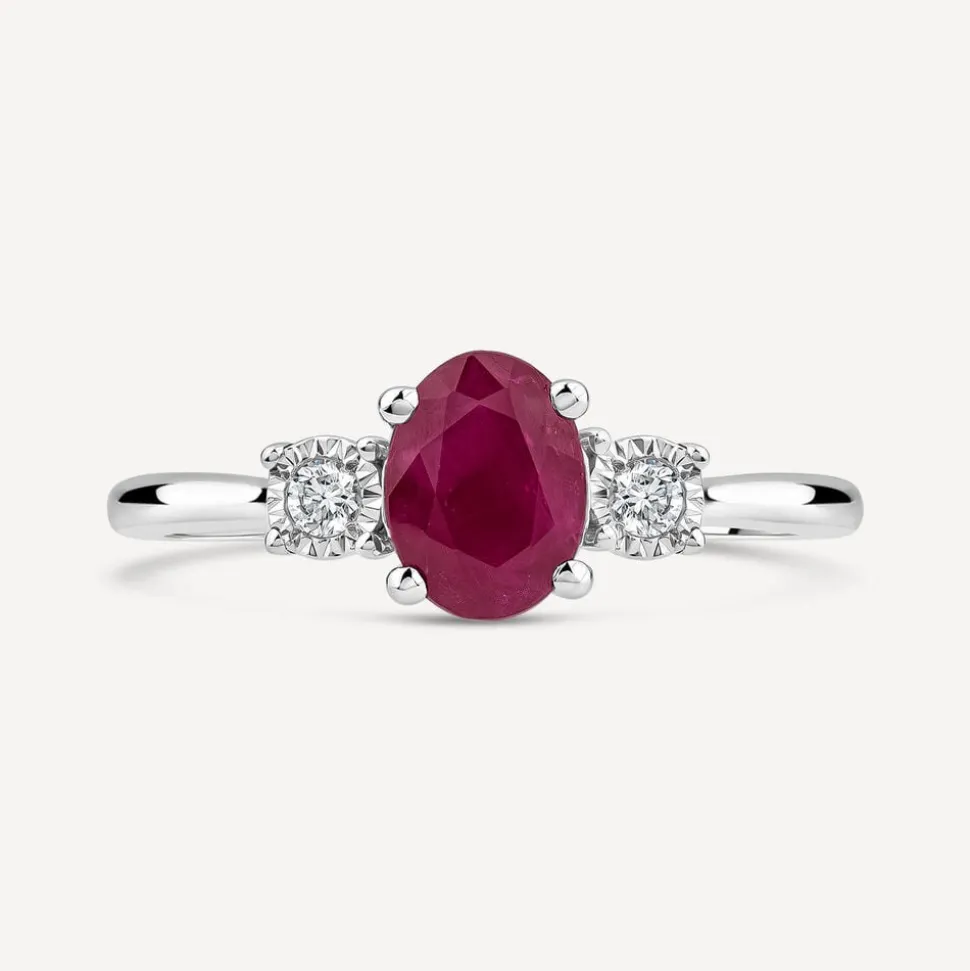9ct White Gold Oval Ruby & 0.05ct Diamond Sides Ring