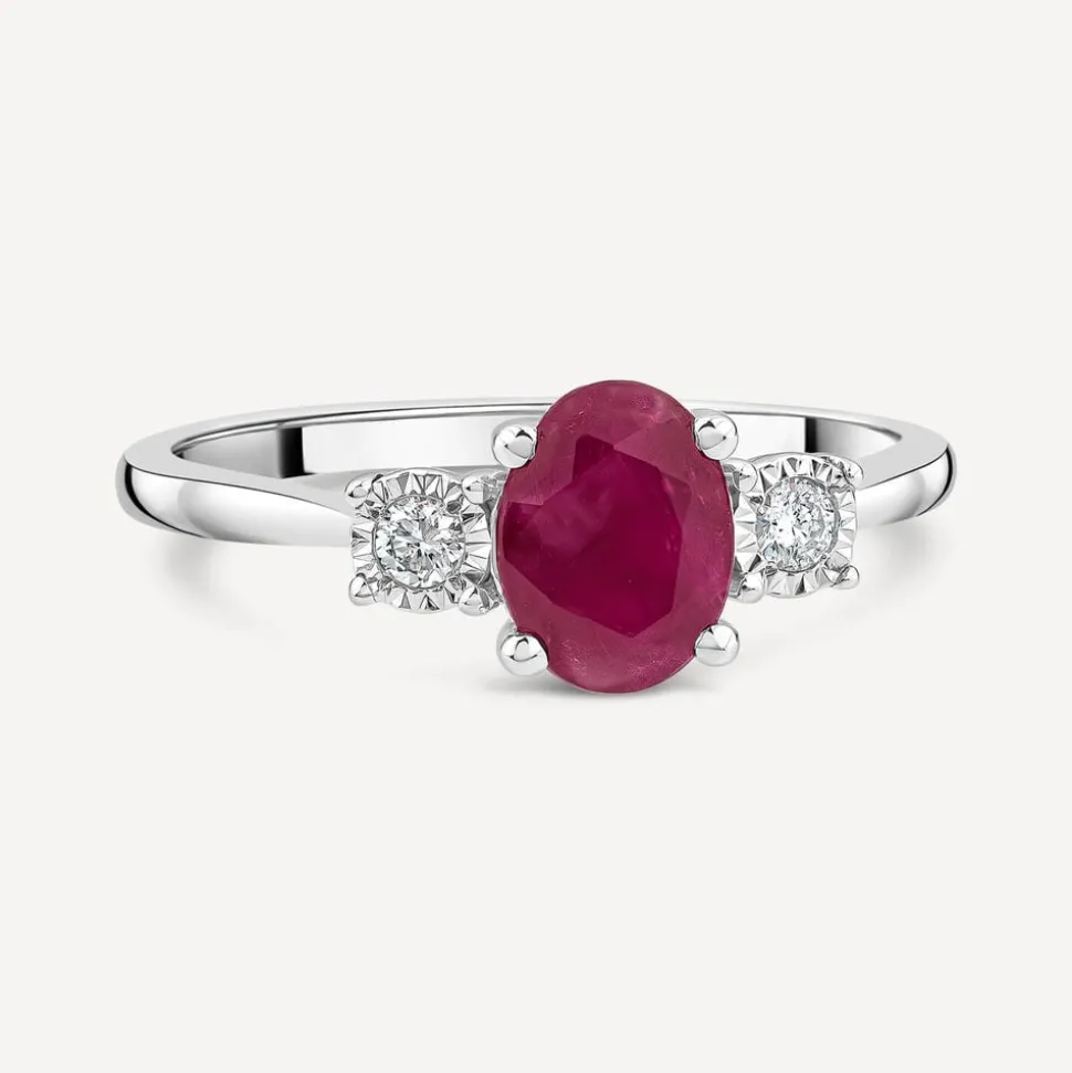9ct White Gold Oval Ruby & 0.05ct Diamond Sides Ring