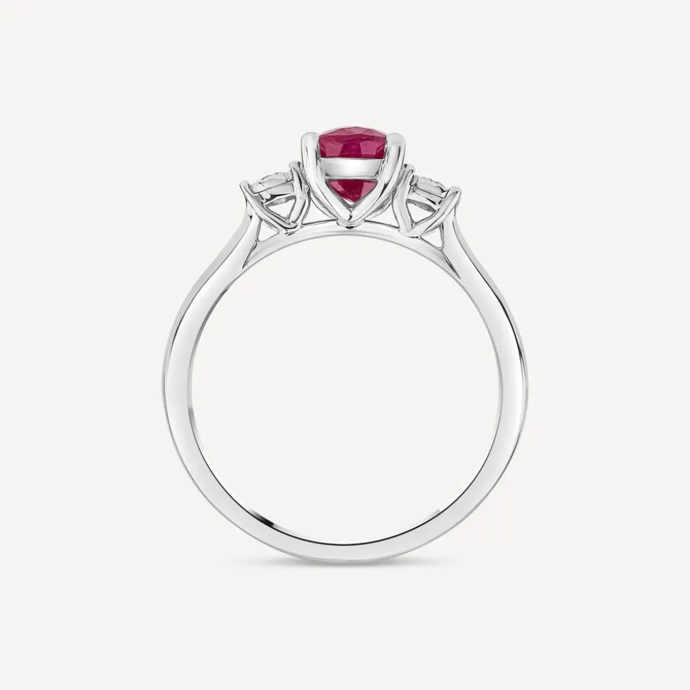 9ct White Gold Oval Ruby & 0.05ct Diamond Sides Ring