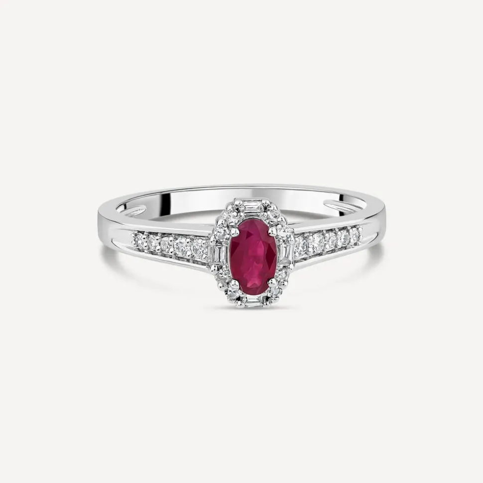 9ct White Gold Oval Ruby Centre 0.15ct Diamond Halo & Shoulders Ring