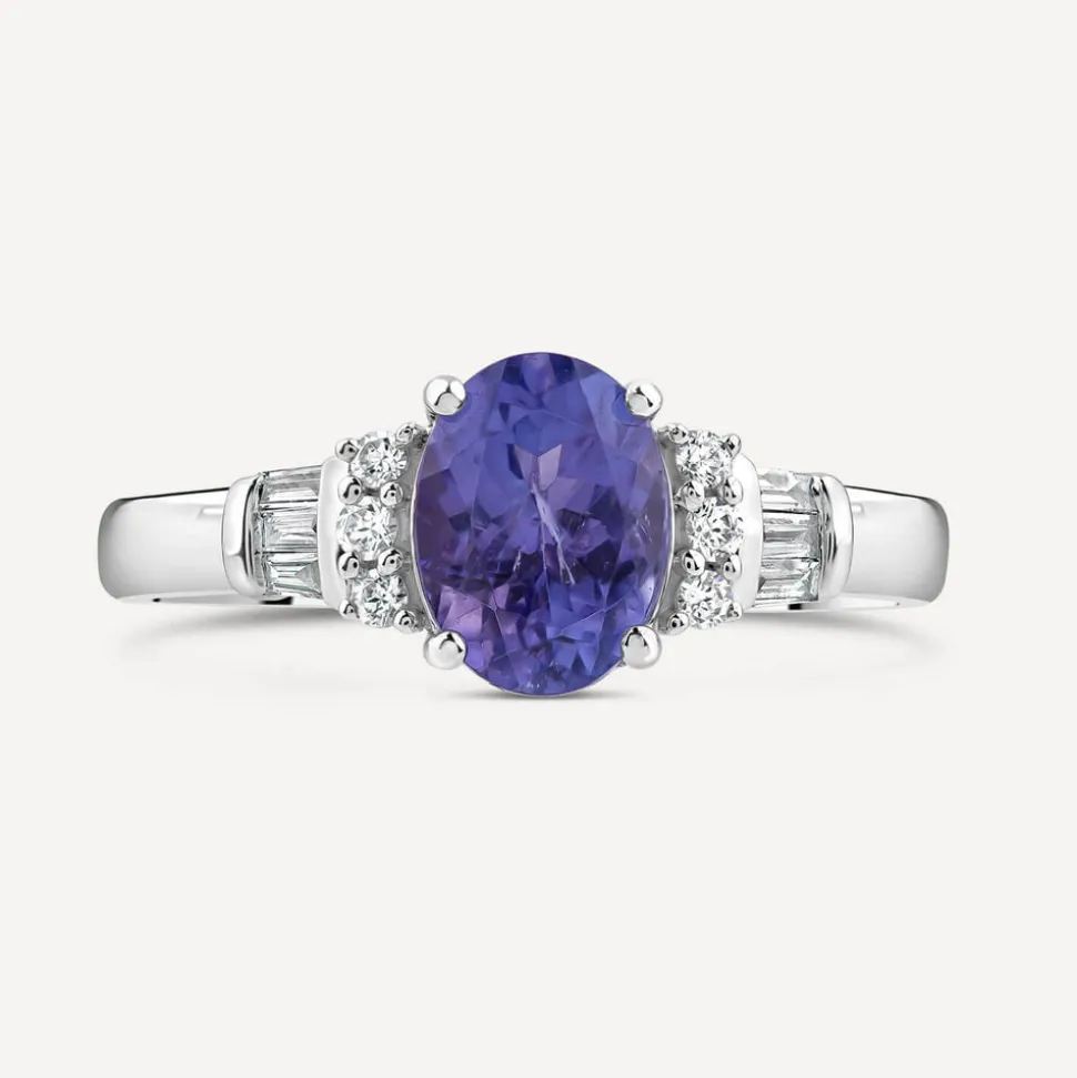 9ct White Gold Oval Tanzanite Centre 0.15ct Diamond Round & Baguette Shoulders Ring