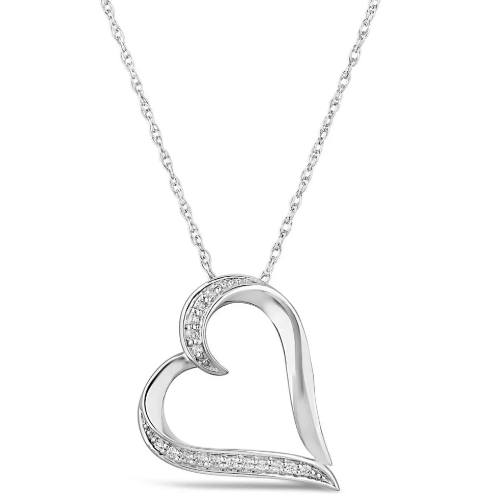 9ct White Gold Pave 0.05ct Diamond & Polished Open Heart Pendant