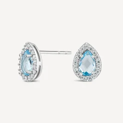 9ct White Gold Pear Blue Topaz & Cubic Zirconia Stud Earrings