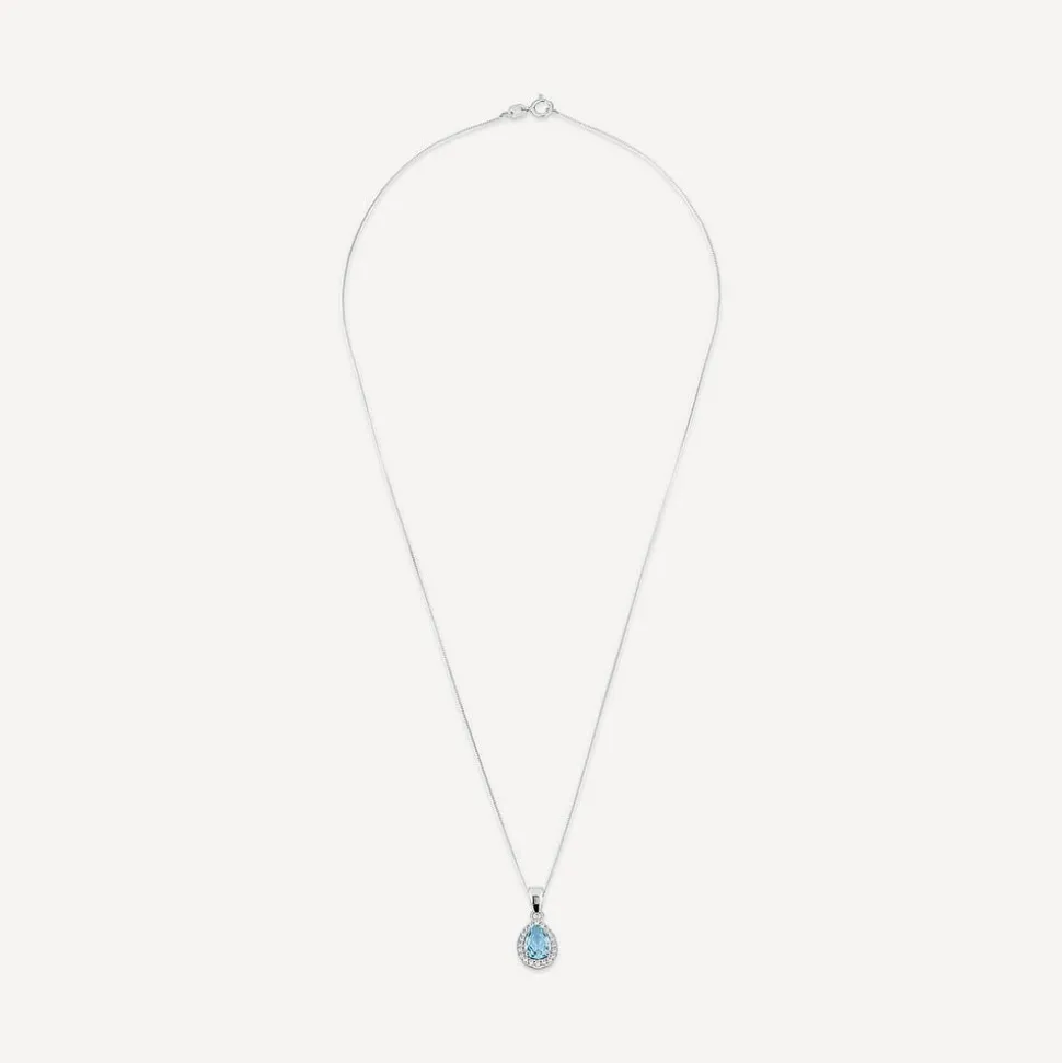 9ct White Gold Pear Blue Topaz & Cubic Zirconia Pendant (Chain Included)