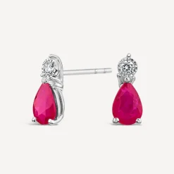 9ct White Gold Pear Ruby & Diamond Top Drop Earrings