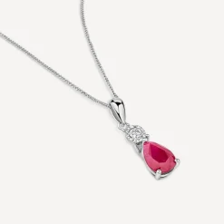 9ct White Gold Pear Ruby & Diamond Top Pendant