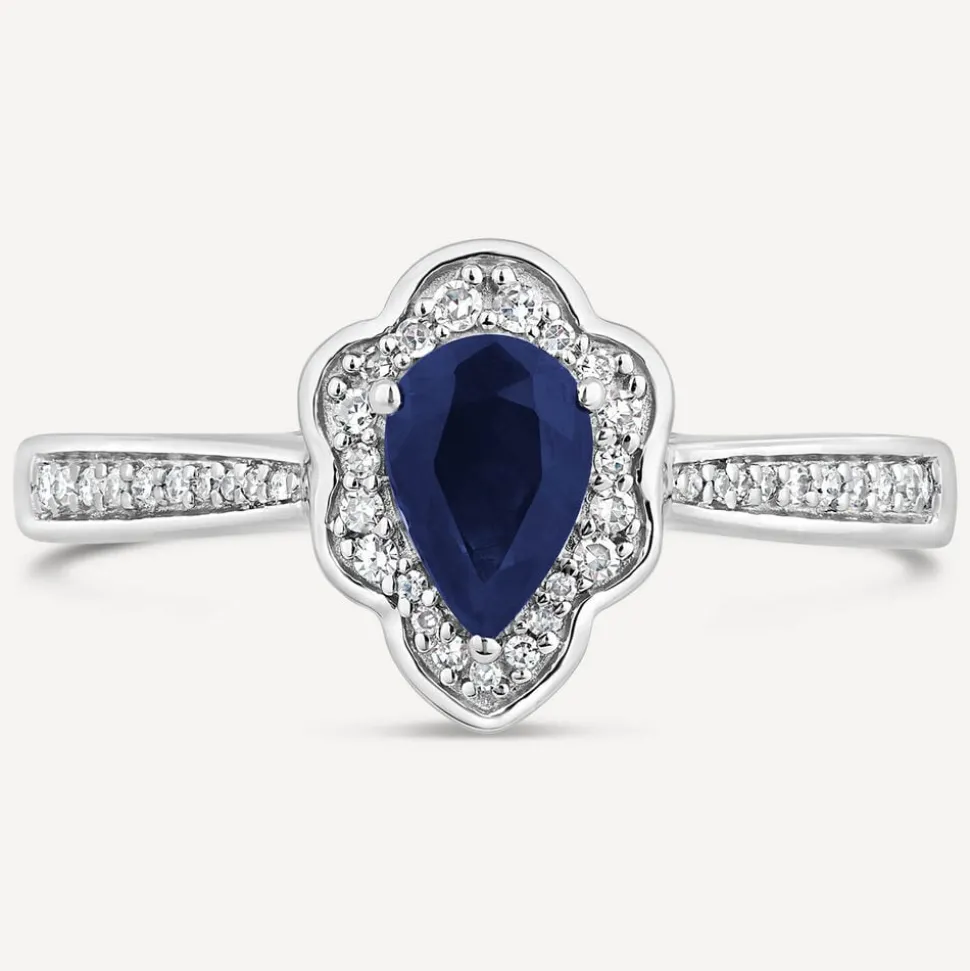 9ct White Gold Pear Sapphire Fancy Diamond Halo Diamond Shoulders 0.09ct Ring
