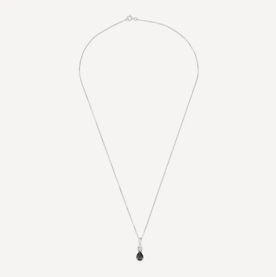 9ct White Gold Pear Sapphire & Diamond Top Pendant
