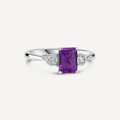 9ct White Gold Princess Cut Amethyst 0.12ct Diamond Sides Ring