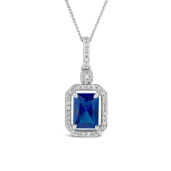 9ct White Gold Rectangular Created Tanzanite & Diamond Cluster Bale Pendant