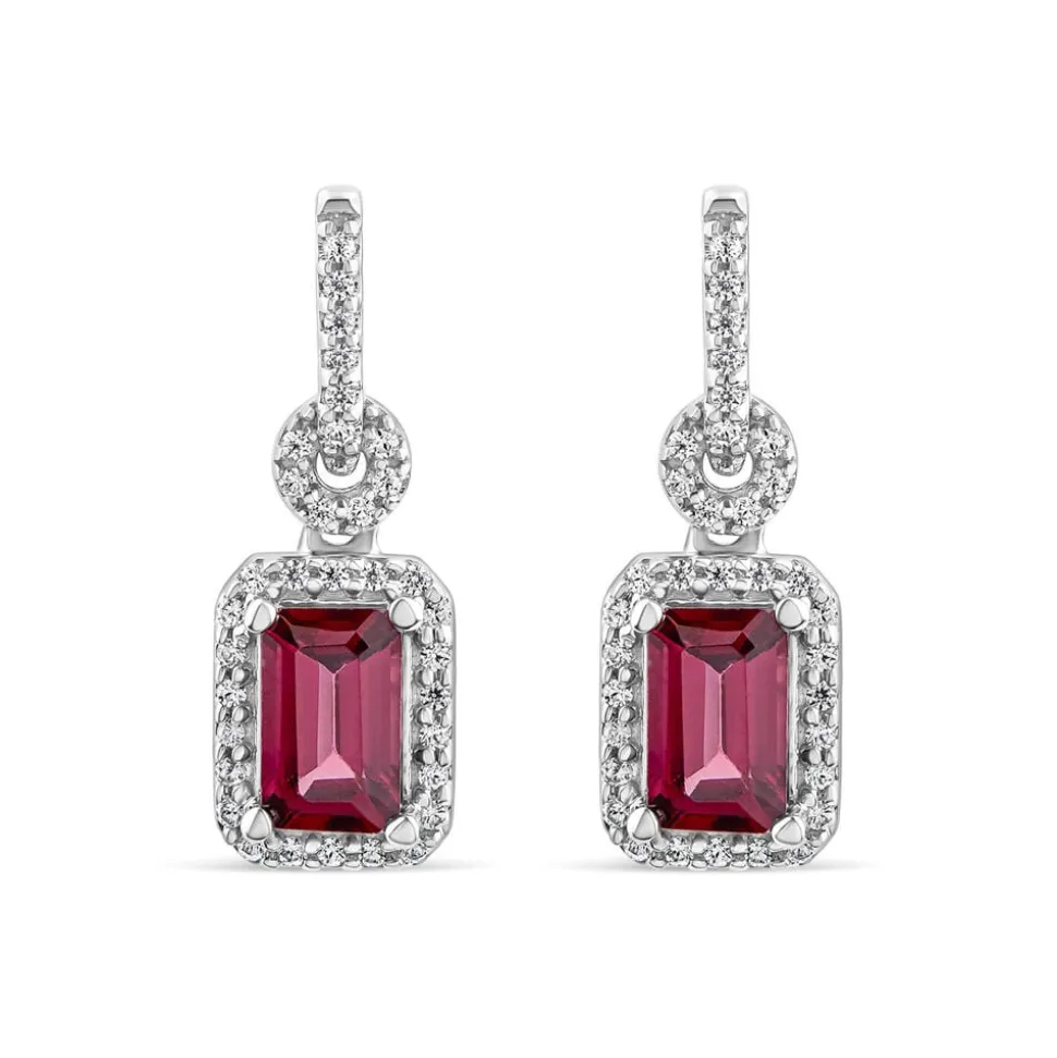 9ct White Gold Rectangular Rhodolite Garnet & 0.10ct Diamond Halo Drop Earrings