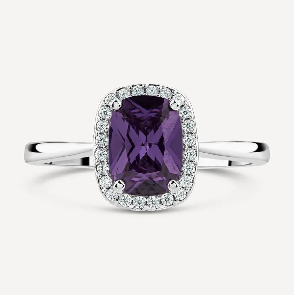 9ct White Gold Rectangular Amethyst Centre 0.12ct Diamond Halo Ring