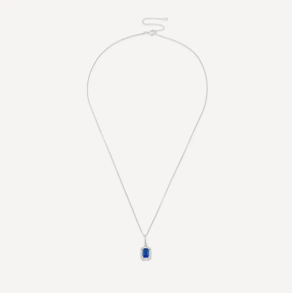 9ct White Gold Rectangular Created Tanzanite & Diamond Cluster Bale Pendant