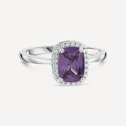 9ct White Gold Rectangular Amethyst Centre 0.12ct Diamond Halo Ring