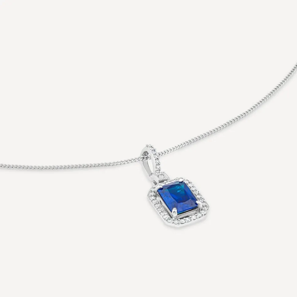 9ct White Gold Rectangular Created Tanzanite & Diamond Cluster Bale Pendant
