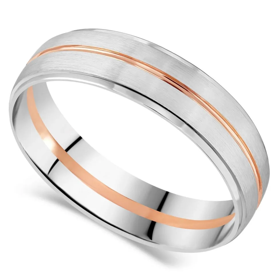 9ct White Gold Rose Detail Mens 6mm Wedding Band