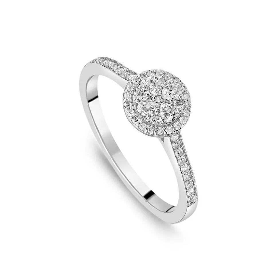 18ct White Gold Round 0.32ct Halo Diamond Shoulders Ring