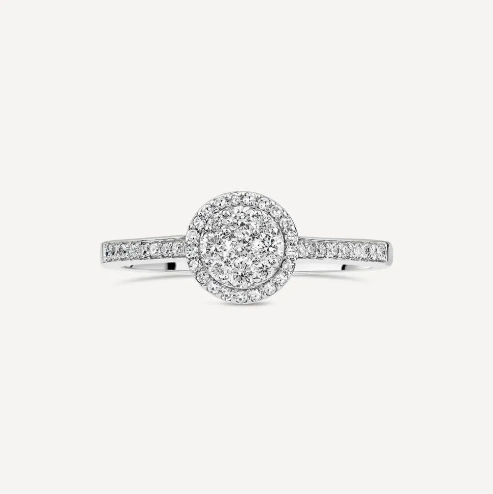 18ct White Gold Round 0.32ct Halo Diamond Shoulders Ring