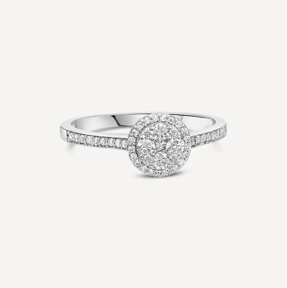 18ct White Gold Round 0.32ct Halo Diamond Shoulders Ring
