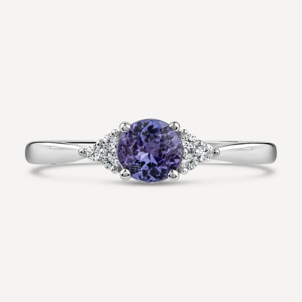 9ct White Gold Round Tanzanite & 0.05ct Trefoil Diamond Sides Ring