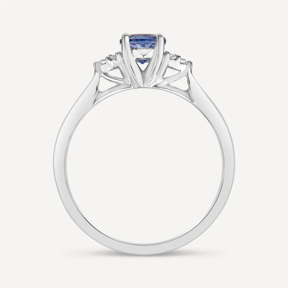 9ct White Gold Round Tanzanite & 0.05ct Trefoil Diamond Sides Ring